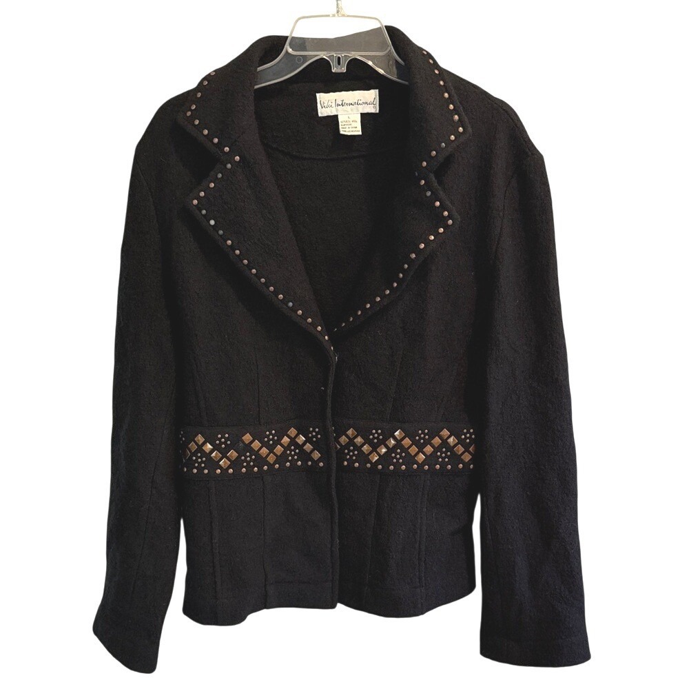 Viki International Black‎ 100% Boiled Wool Studded Embellished Jacket Womens L